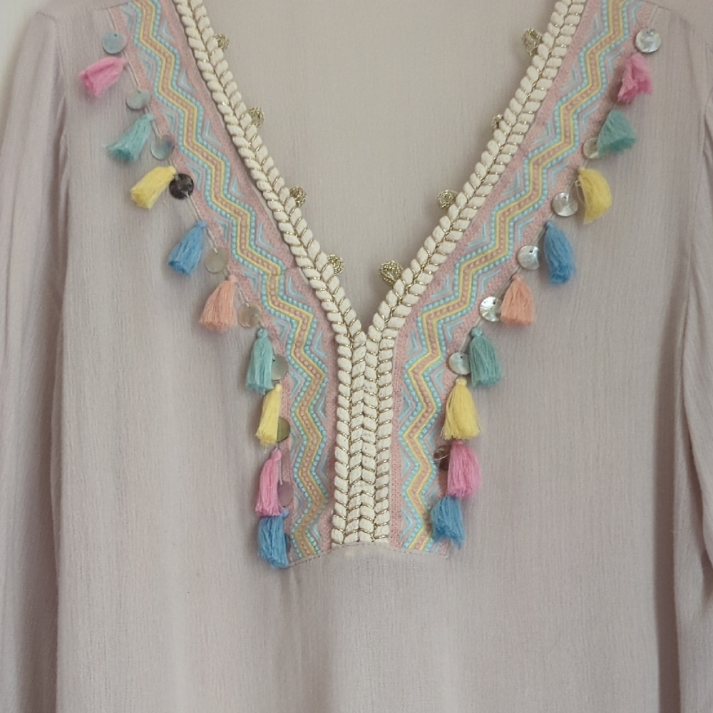 Soft Surroundings Beige Tassel V-Neck Beautiful and Unique Tunic Light Weight - Picture 6 of 8